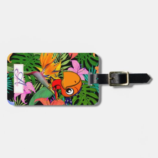 Papagei, Palm-Blätter, Caudata Monogramm Personali Gepäckanhänger (Vorderseite horizontal)