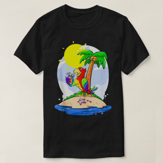 Papagei trinkt Cocktail unter Palmen T-Shirt (Design vorne)