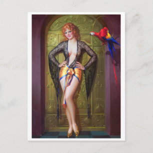 Papagei und Mädchen hinter goldener Tür Pin Up Postkarte
