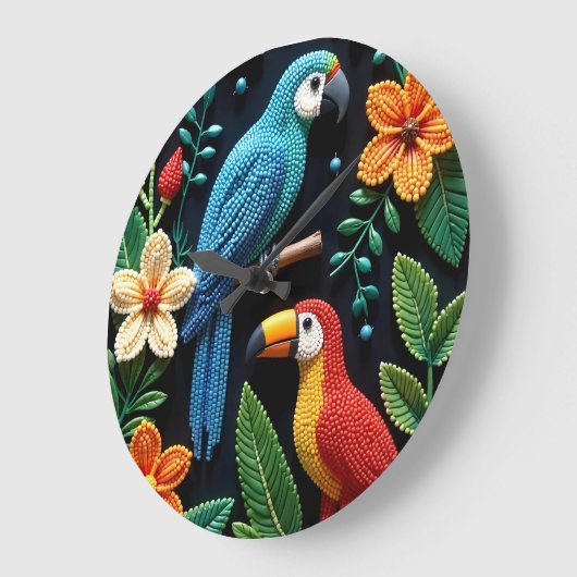 Papagei und Tukan in einem bedeckten Wald Große Wanduhr (Winkel)