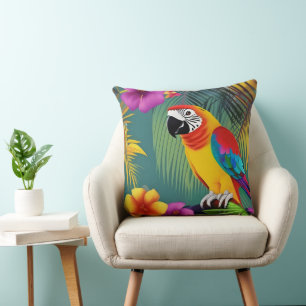 Papagei Vogel Tropisch Florale Palmen blau lila ro Kissen