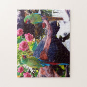 Papageien auf Zweig mit Teich, Felsen, Blume Puzzle (Vertikal)