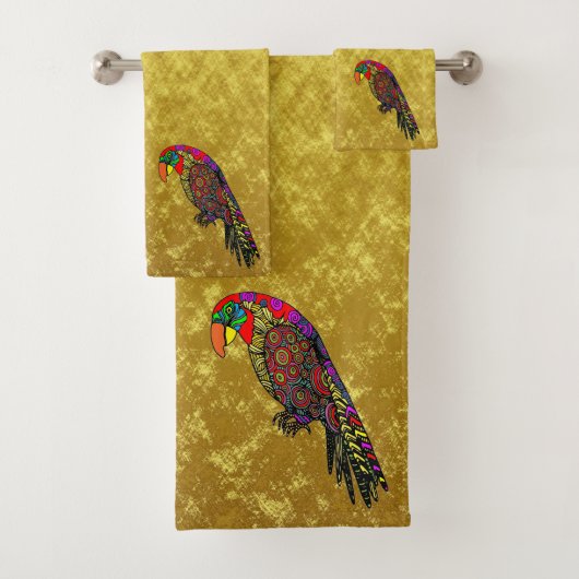 Papageien in gelb-grün-blauer Goldfolie Badhandtuch Set (Insitu)