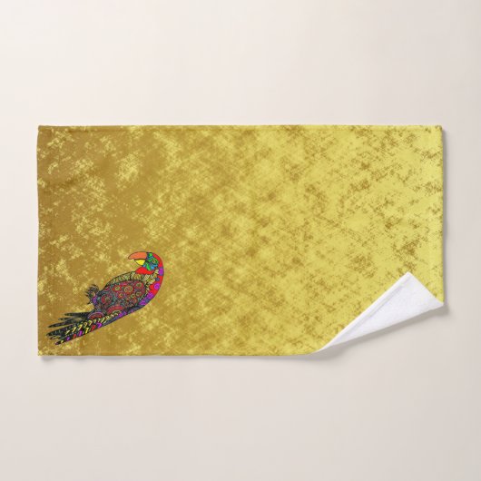 Papageien in gelb-grün-blauer Goldfolie Badhandtuch Set (Handtuch)