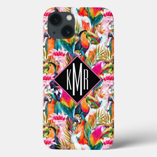 Papageien & Palm-Blätter | Monogramm Case-Mate iPhone Hülle (Rückseite)