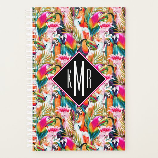 Papageien & Palm-Blätter | Monogramm Planer (Vorderseite)