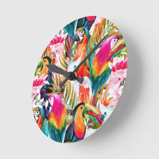 Papageien & Palm-Blätter Runde Wanduhr (Winkel)