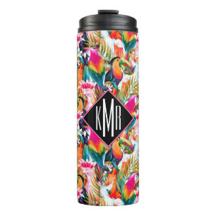 Papageien u. Monogramm der Palmblatt-  Thermosbecher