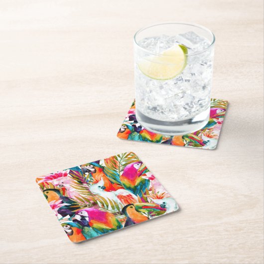 Papageien u. Palmblätter 2 Rechteckiger Pappuntersetzer (Vor Ort)