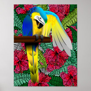 Papageien-und Hibiskus-hawaiischer Druck-Entwurf Poster