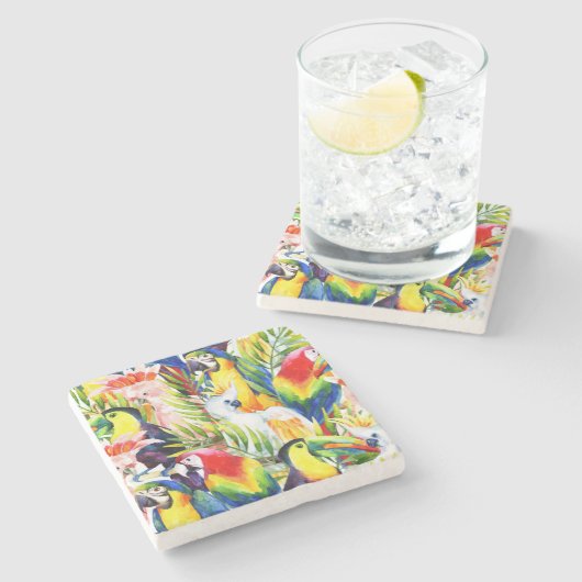 Papageien und Palmblätter Steinuntersetzer (Seitenansicht)