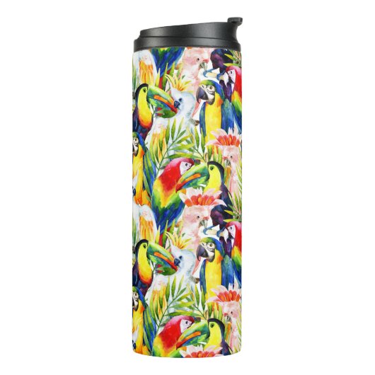 Papageien und Palmblätter Thermosbecher (Nach links gedreht)
