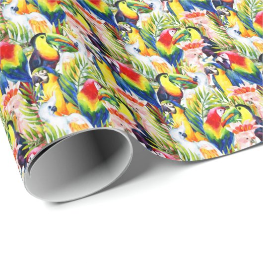 Papageien und Palmen-Blätter Geschenkpapier (Rolleneckpunkt)