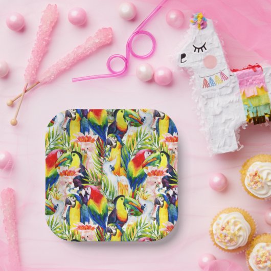 Papageien und Palmen-Blätter Pappteller (Party)