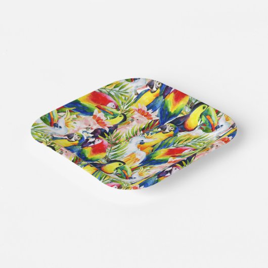 Papageien und Palmen-Blätter Pappteller (Gewinkelt)