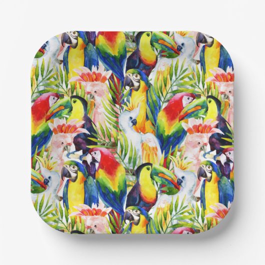 Papageien und Palmen-Blätter Pappteller (Vorderseite)