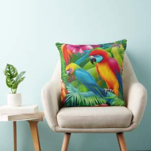 Papageien Vögel Tropisch Florale Palmen blau grün Kissen