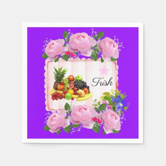 Papageienbüschel, Lila Fruchtrosa Rosen, Blütenblä Serviette (Vorderseite)