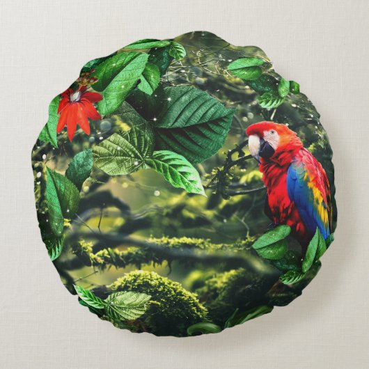 Papageienkürbis im Dschungel mit Blume Rundes Kissen (Rückseite)