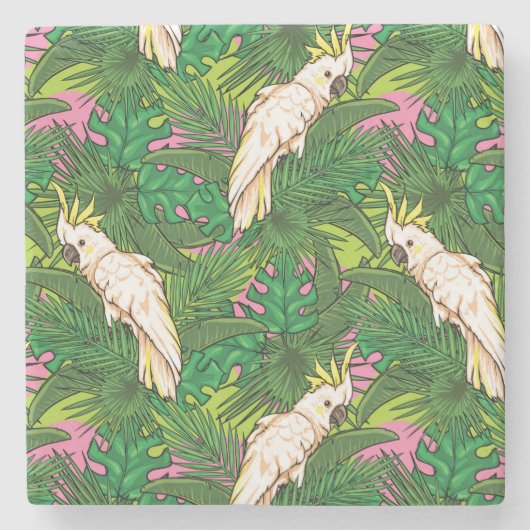 Papageienmuster mit Blätter aus Palm Steinuntersetzer (Vorderseite)