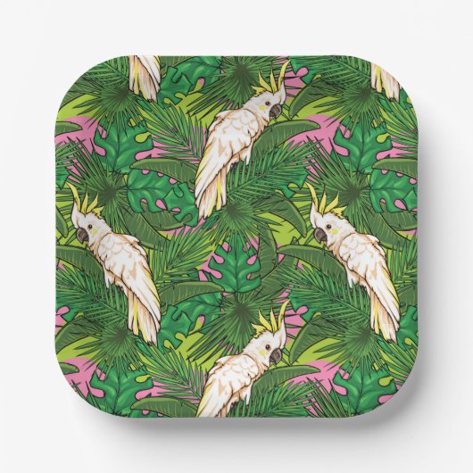 Papageienmuster mit Palmblättern-Blätter Pappteller (Vorderseite)