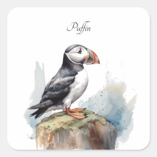 Papageientaucher auf einem Felsen Aquarell, indivi Quadratischer Aufkleber