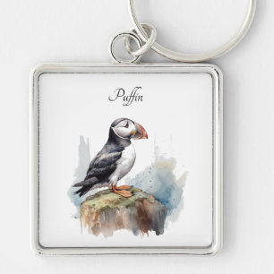 Papageientaucher auf einem Felsen Aquarell, indivi Schlüsselanhänger