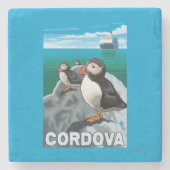 Papageientaucher u. Kreuzschiff - Cordova, Alaska Steinuntersetzer (Vorderseite)