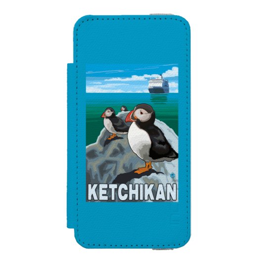 Papageientaucher u. Kreuzschiff - Ketchikan, Incipio iPhone Geldbeutel-Hülle (Folio Vorderseite)