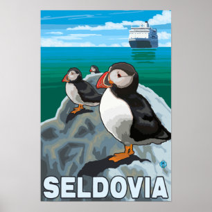 Papageientaucher u. Kreuzschiff - Seldovia, Alaska Poster