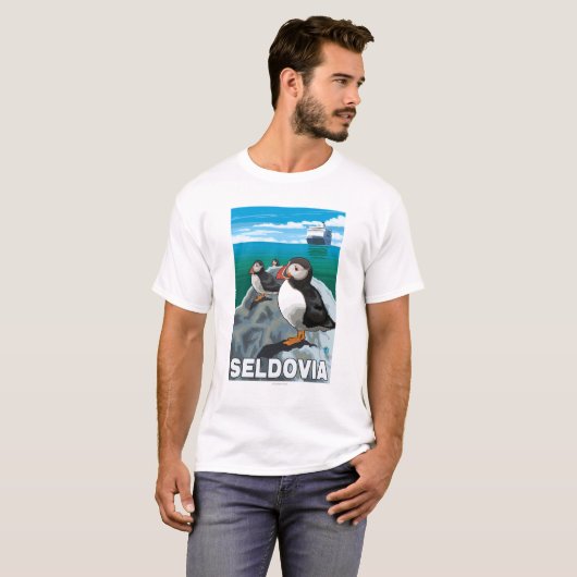 Papageientaucher u. Kreuzschiff - Seldovia, Alaska T-Shirt (Vorne ganz)