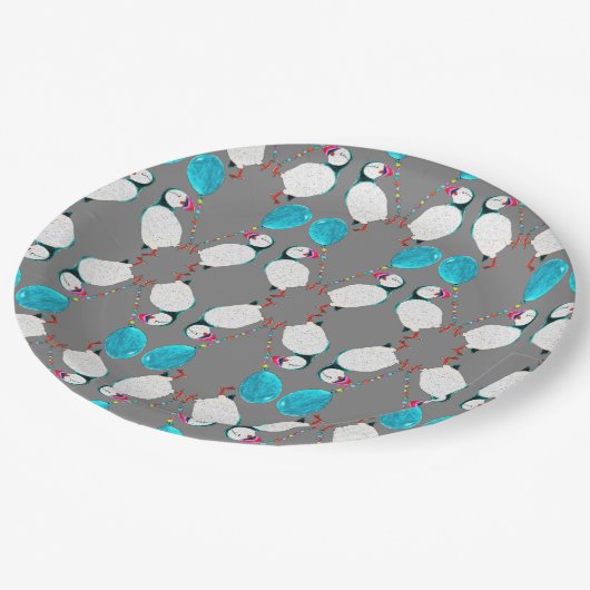 Papageientaucher-und Ballon-Pappteller Pappteller (Schrägansicht)