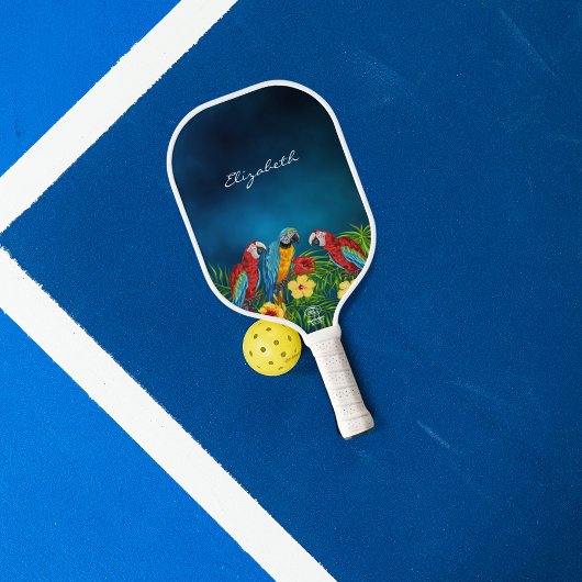 Papageienvögel Rot-Gelb-Muster-Namensskript Pickleball Schläger