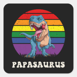 Papasaurus Funny Dinosaur auf der Regenbogenflagge Quadratischer Aufkleber