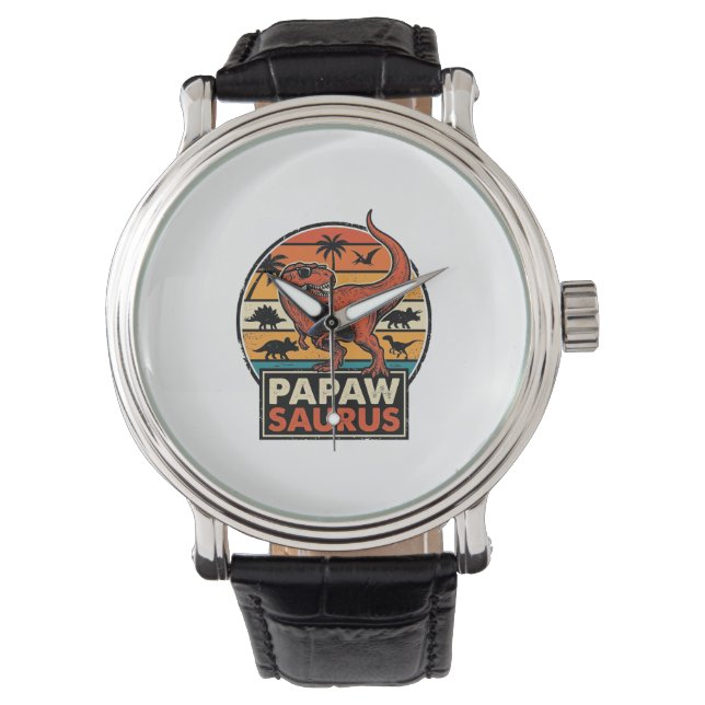 Papawsaurus Retro-Dinosaur-Sonnenuntergangs-Vektor Armbanduhr (Vorderseite)