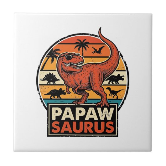 Papawsaurus Retro-Dinosaur-Sonnenuntergangs-Vektor Fliese (Vorderseite)