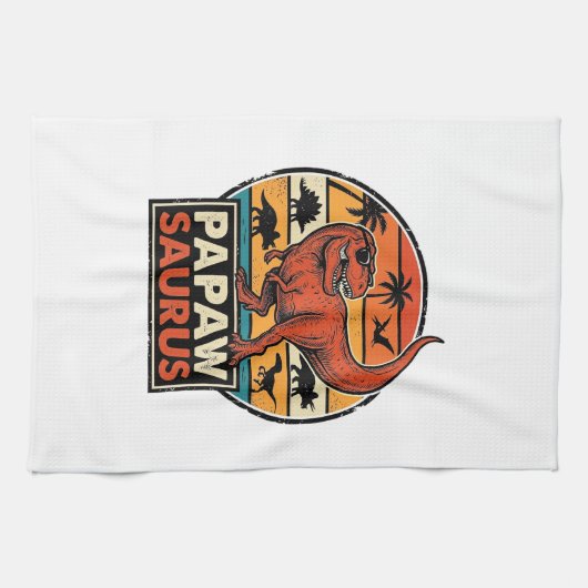 Papawsaurus Retro-Dinosaur-Sonnenuntergangs-Vektor Geschirrtuch (Horizontal)