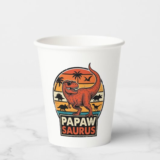 Papawsaurus Retro-Dinosaur-Sonnenuntergangs-Vektor Pappbecher (Vorderseite)