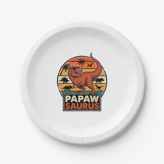 Papawsaurus Retro-Dinosaur-Sonnenuntergangs-Vektor Pappteller (Vorderseite)