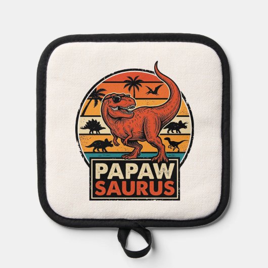 Papawsaurus Retro-Dinosaur-Sonnenuntergangs-Vektor Topflappen (Vorderseite)