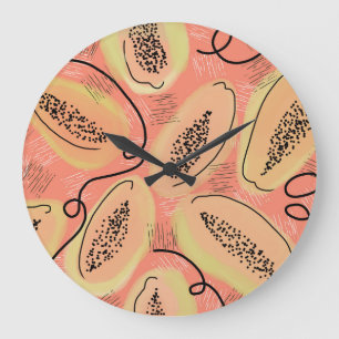 Papaya Doodle Pattern Kitchen Große Wanduhr