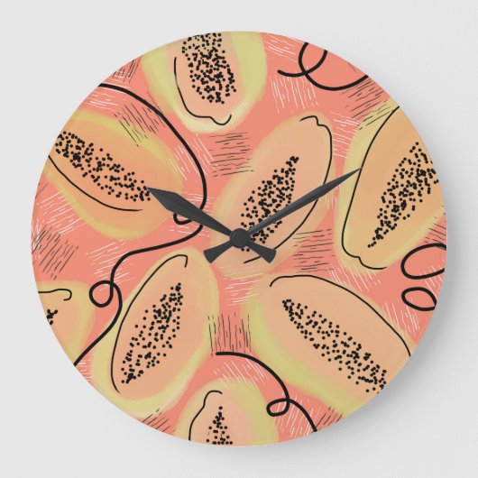 Papaya Doodle Pattern Kitchen Große Wanduhr (Vorderseite)