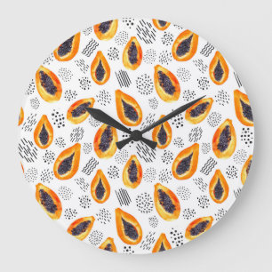 Papaya-Früchte: abstraktes Aquarellmuster. Große Wanduhr