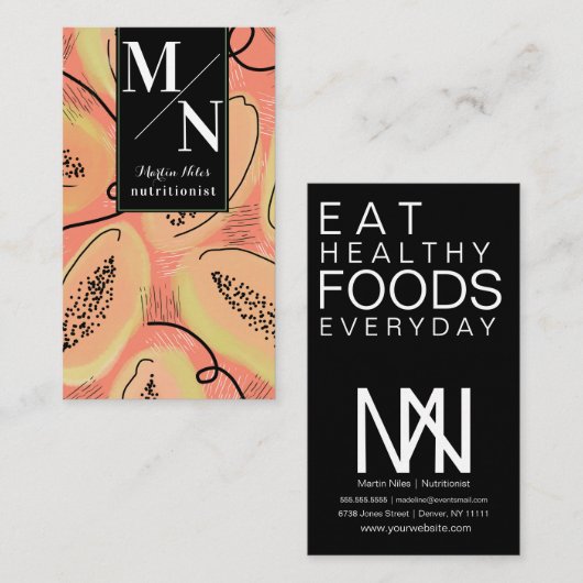 Papaya Hand Drawn Doodle Orange Black Pattern Visitenkarte (Vorne/Hinten)