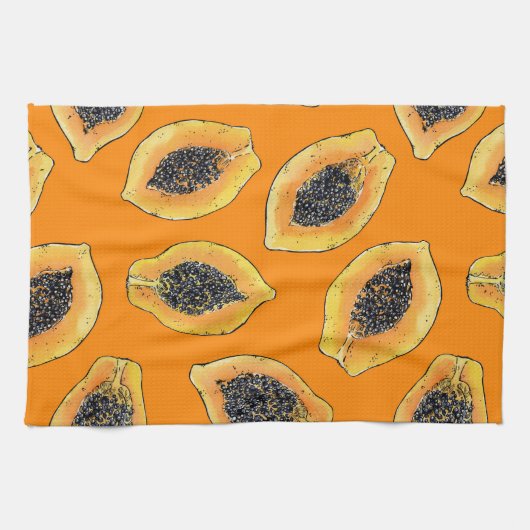 Papaya-Scheiben auf Orange Geschirrtuch (Horizontal)