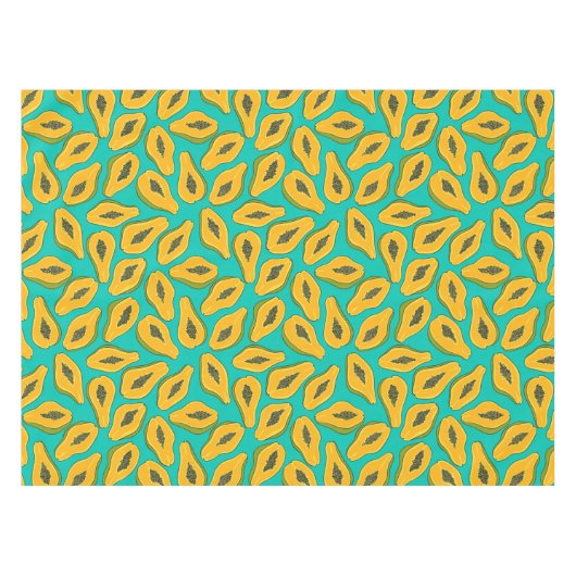 Papaya-Scheiben auf Türkis Tischdecke (Vorderseite (Horizontal))