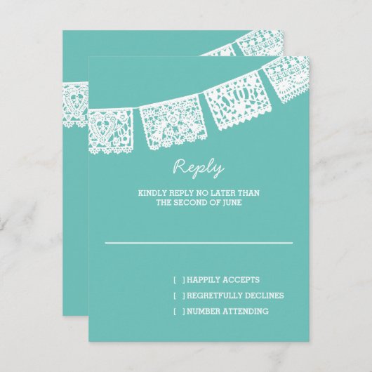 Papel Picado Aqua | RSVP-Karte für Hochzeitserwide RSVP Karte (Vorne/Hinten)