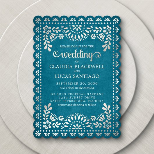Papel Picado Aquamarin Hochzeitseinladung Einladung