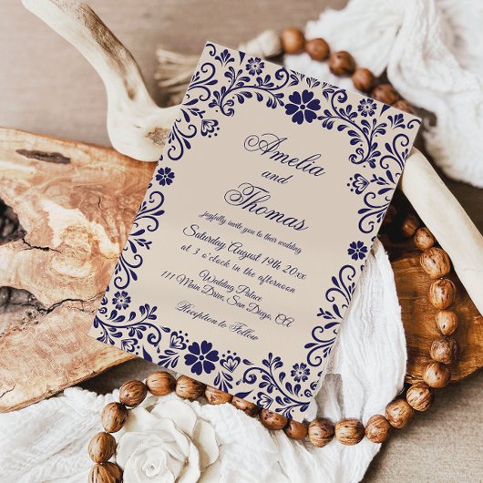 Papel Picado Beige Blue Mexican Wedding Einladung