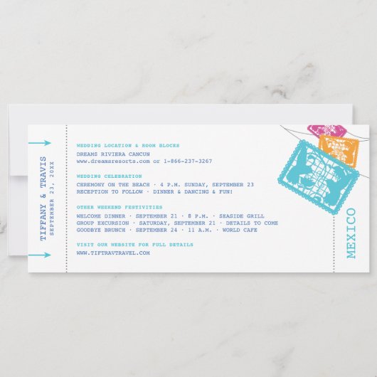 Papel Picado Boarding Pass Save the Date Karte (Rückseite)